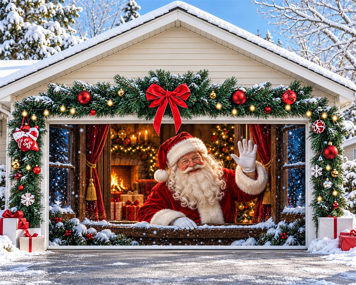 Santa Window Christmas Garage Door Cover Snowy Fireplace Greeting Christmas Garage Door Decor HQ610-42-2 Car