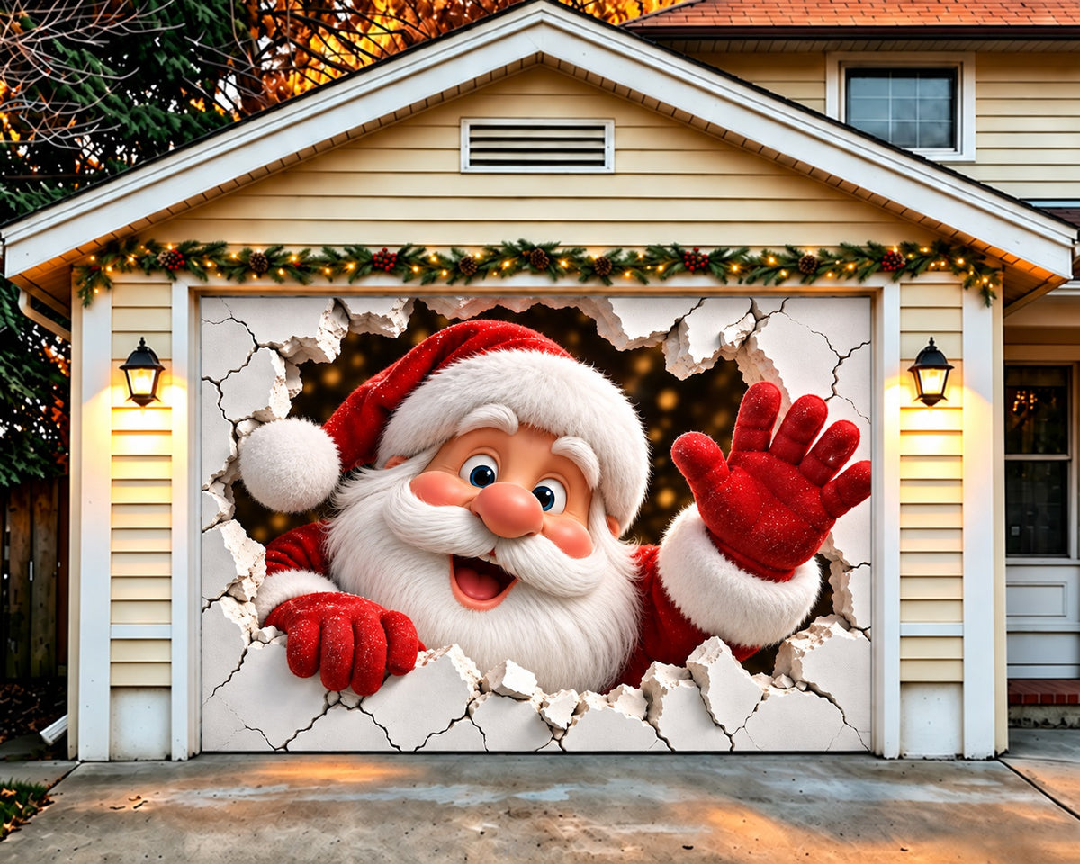 Santa Christmas Garage Door Cover White Wall Breakthrough Christmas Garage Door Cover HQ610-45-1 Car