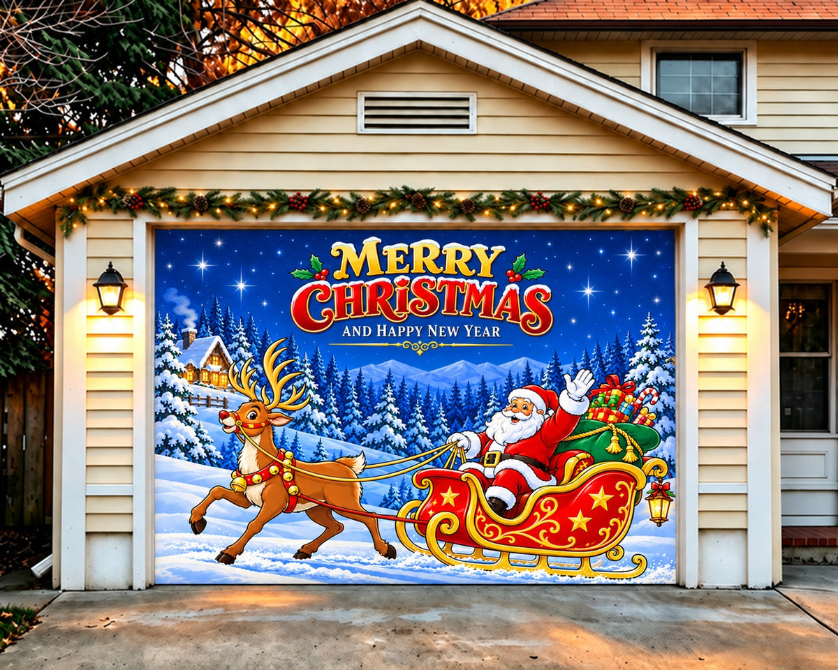 Merry Christmas Garage Door Cover Santa Reindeer Sleigh Christmas Holiday Garage Door Cover HQ610-46-1 Car