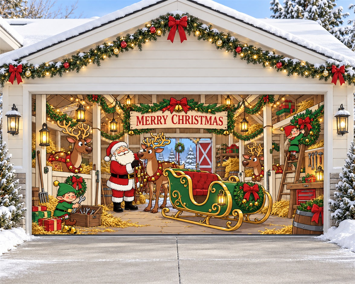 Christmas Theme Garage Door Cover Santa Reindeer Workshop Christmas Garage Door Decor HQ610-47-2 Car