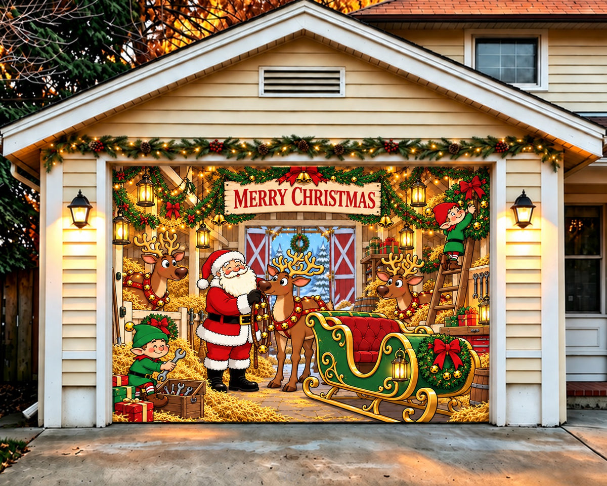 Christmas Theme Garage Door Cover Santa Reindeer Workshop Christmas Garage Door Decor HQ610-47-1 Car