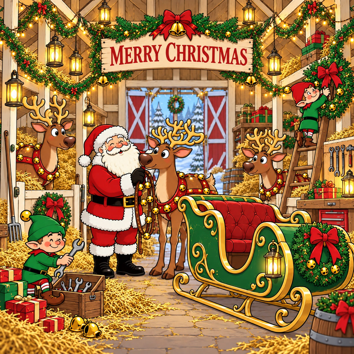 Christmas Theme Garage Door Cover Santa Reindeer Workshop Christmas Garage Door Decor HQ610-47-1 Car