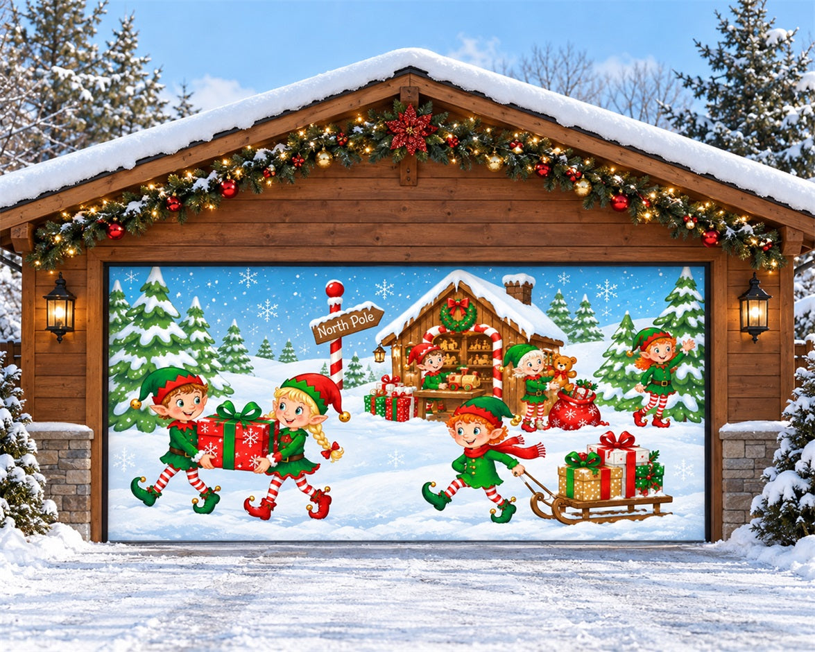 North Pole Christmas Garage Door Cover Snow House Elves Christmas Garage Door Banner Decoration HQ610-48-2 Car