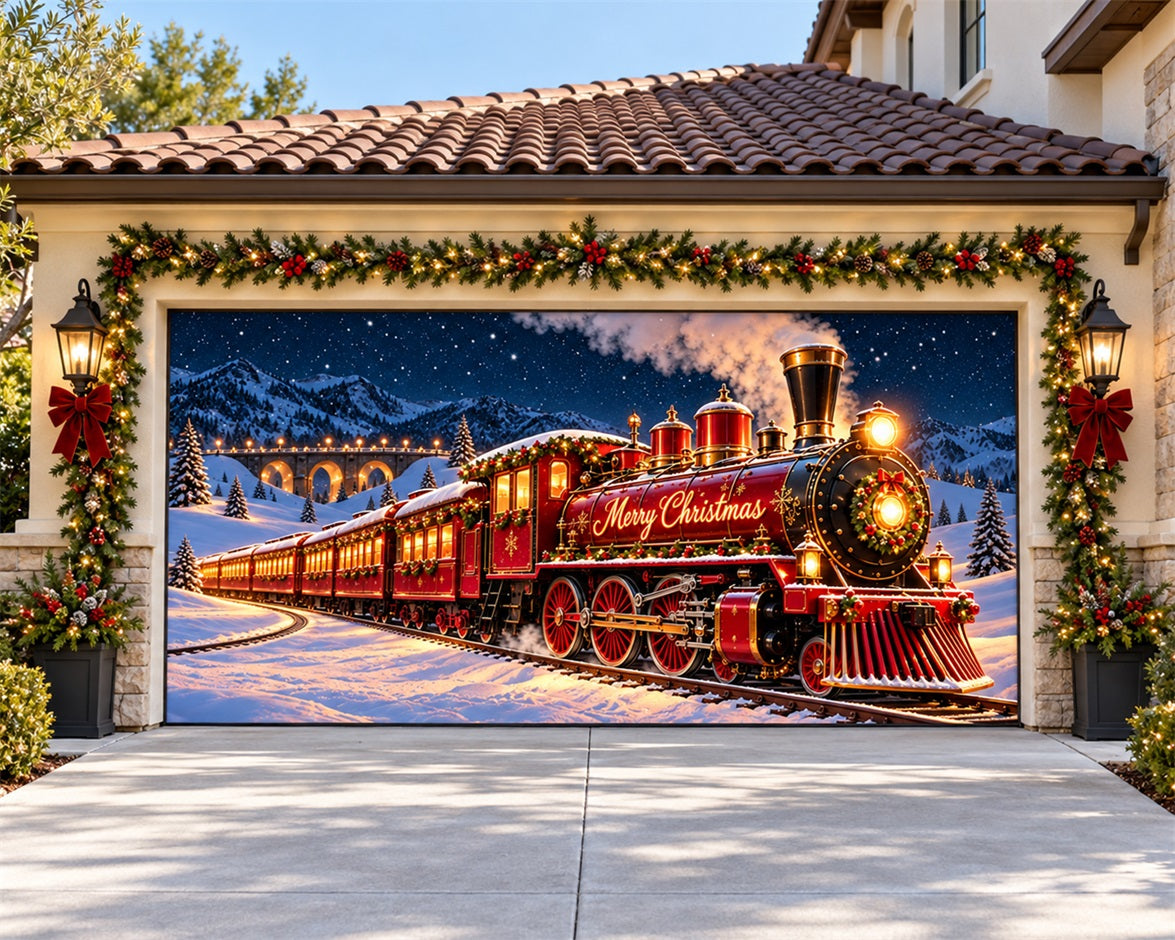 Train Christmas Garage Door Cover Festive Bridge Steam Outdoor Christmas Garage Door Decoration HQ610-53-2 Car
