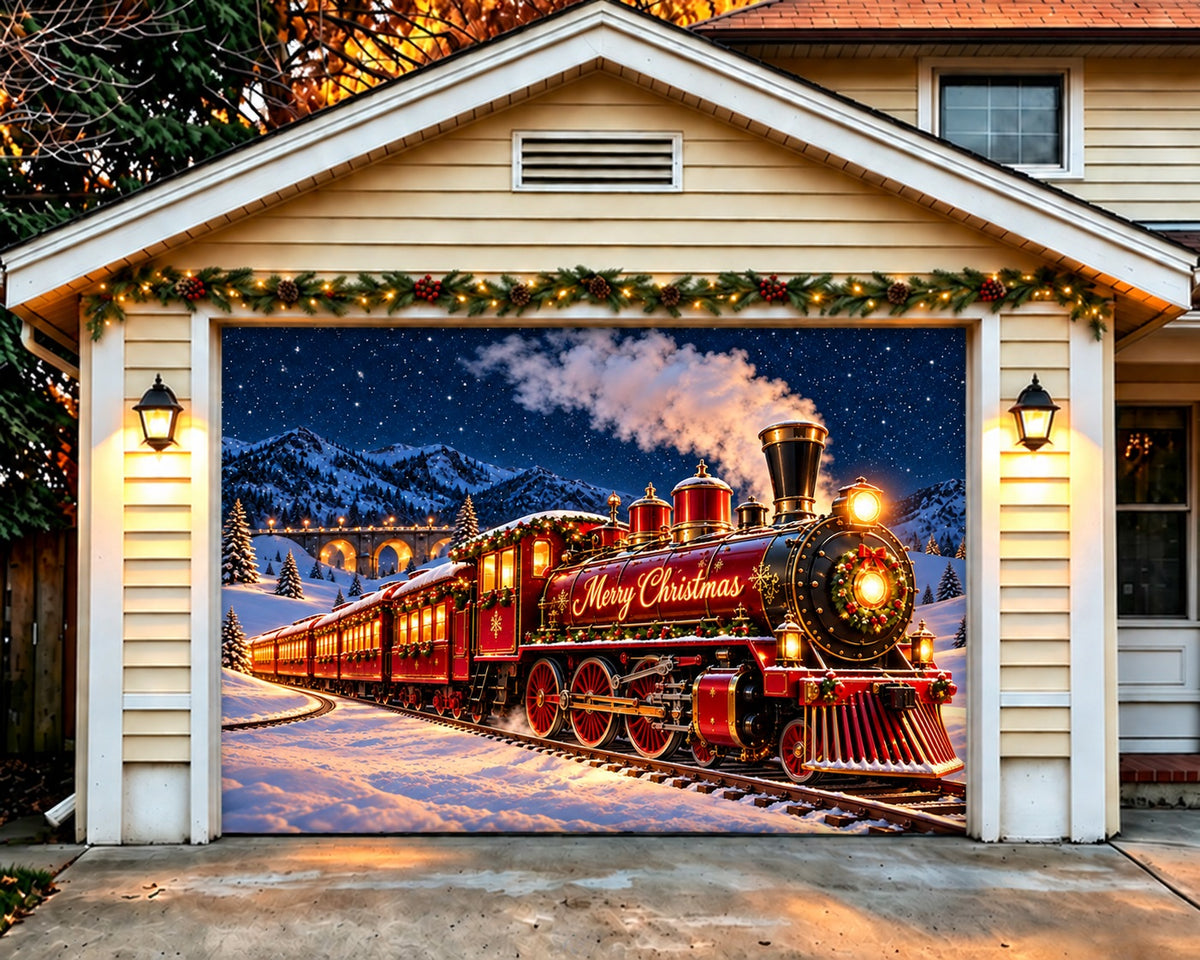 Train Christmas Garage Door Cover Festive Bridge Steam Outdoor Christmas Garage Door Decoration HQ610-53-1 Car