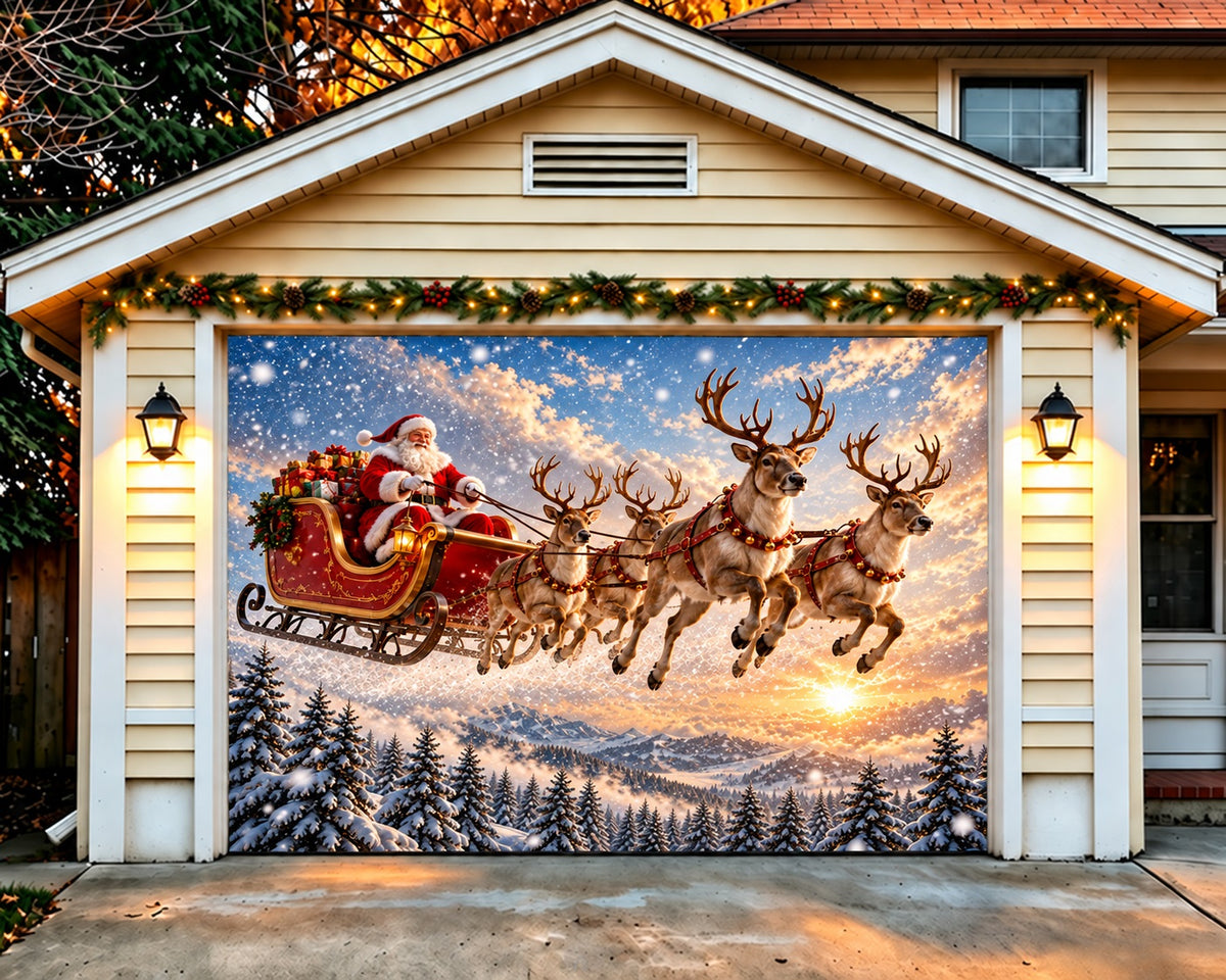Elk Christmas Garage Door Cover Flying Reindeer Sleigh Outdoor Christmas Garage Door Cover HQ610-54-1 Car