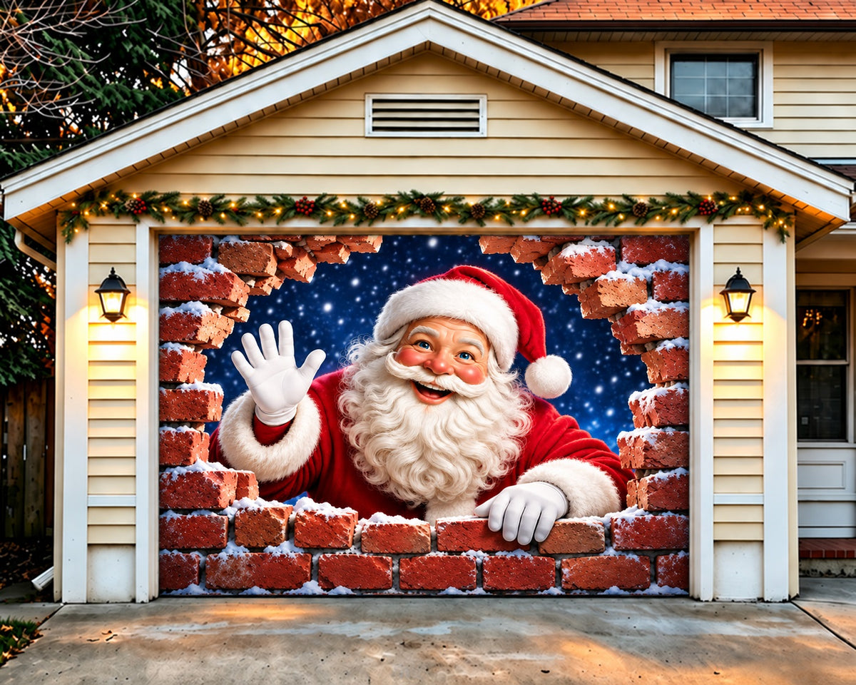 Santa Christmas Garage Door Cover Red Brick Breakthrough Christmas Holiday Garage Door Cover HQ610-55-1 Car