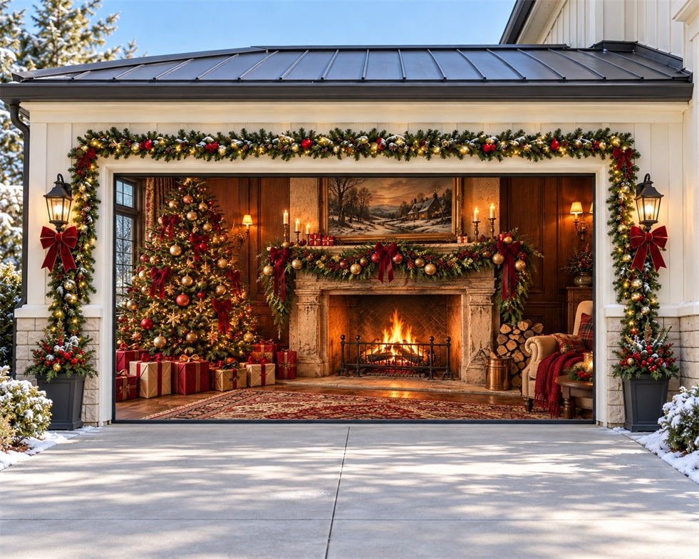 Fireplace Christmas Garage Door Cover Cozy Tree Gifts Christmas Garage Door Decor HQ610-60-2 Car