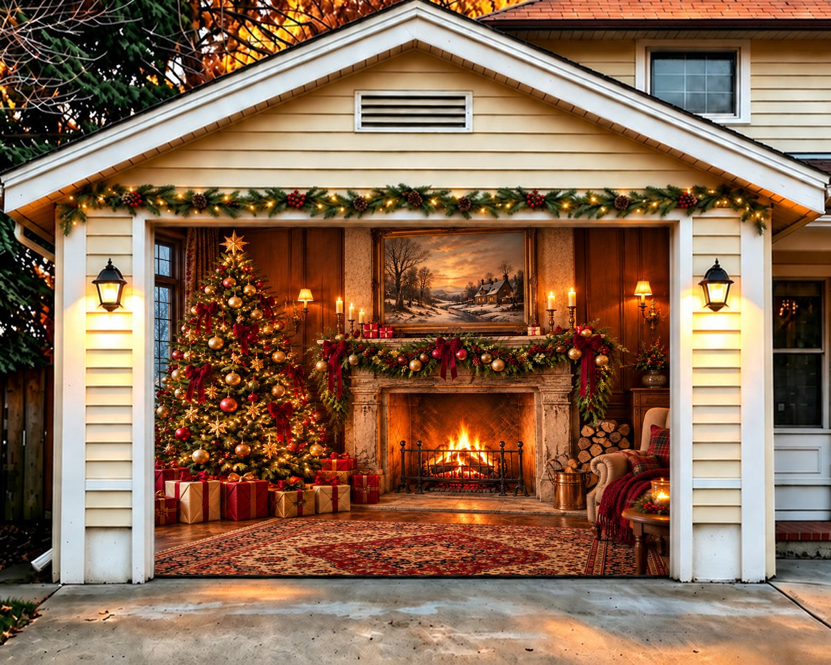 Fireplace Christmas Garage Door Cover Cozy Tree Gifts Christmas Garage Door Decor HQ610-60-1 Car