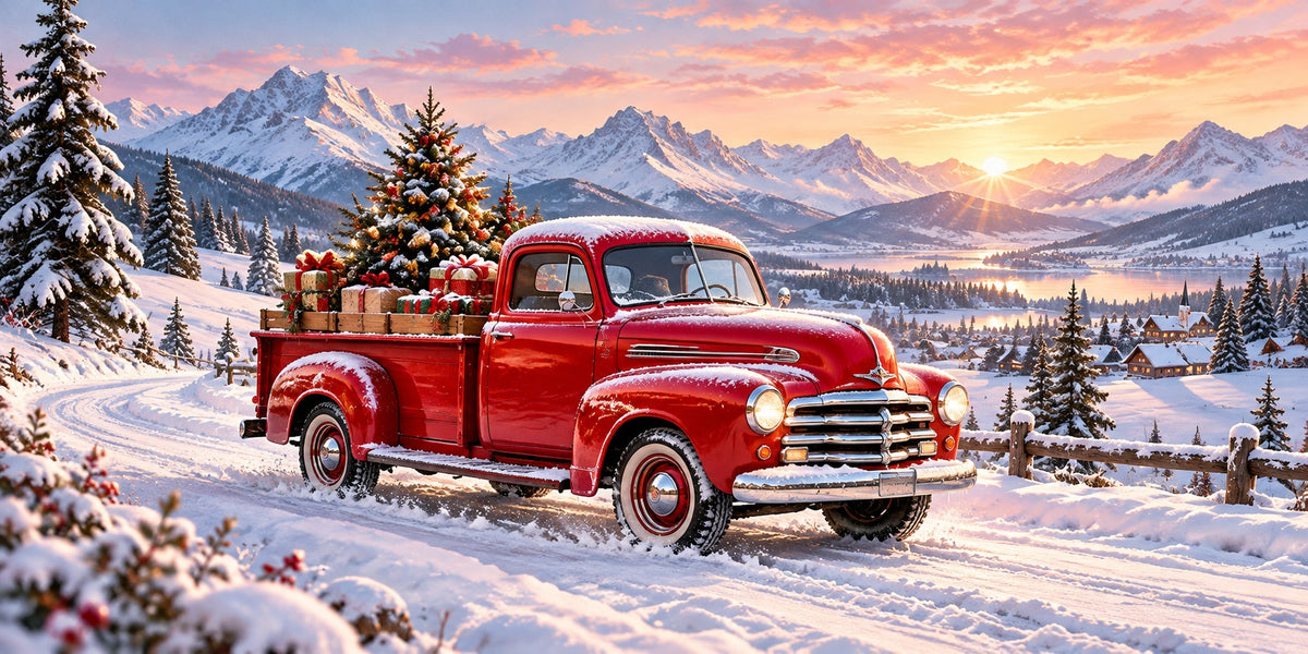 Red Truck Christmas Garage Door Cover Snowy Forest Mountains Outdoor Christmas Garage Door Cover HQ610-63-2 Car
