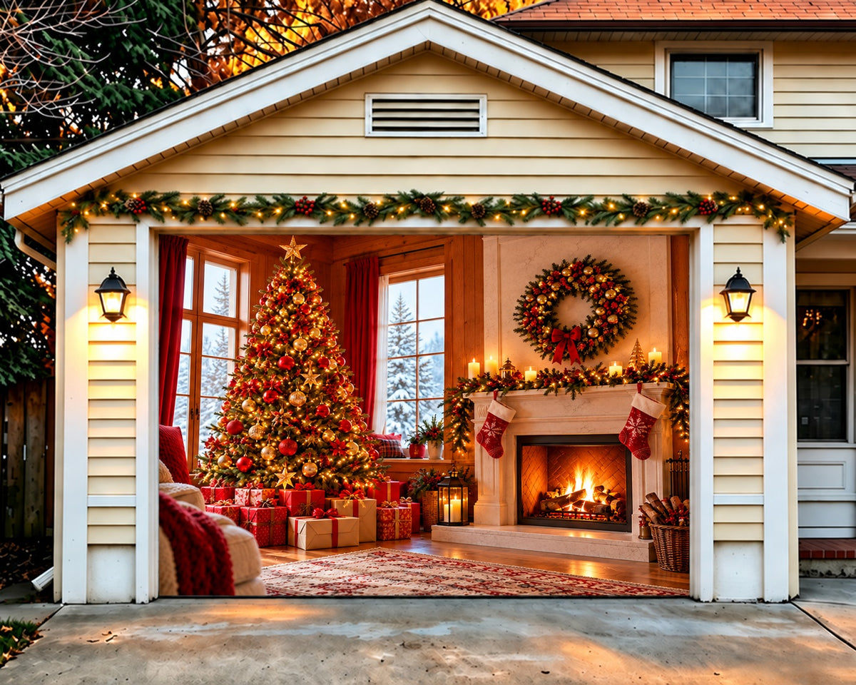 Cozy Christmas Garage Door Cover Fireplace Tree Window Christmas Garage Door Decor HQ610-65-1 Car
