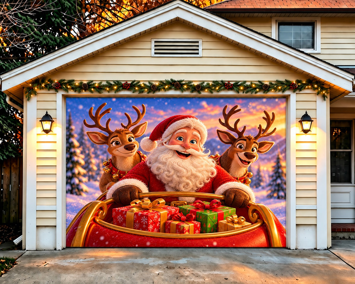 Santa Reindeer Christmas Garage Door Banner Snowy Sleigh Forest Christmas Garage Door Cover HQ610-67-1 Car