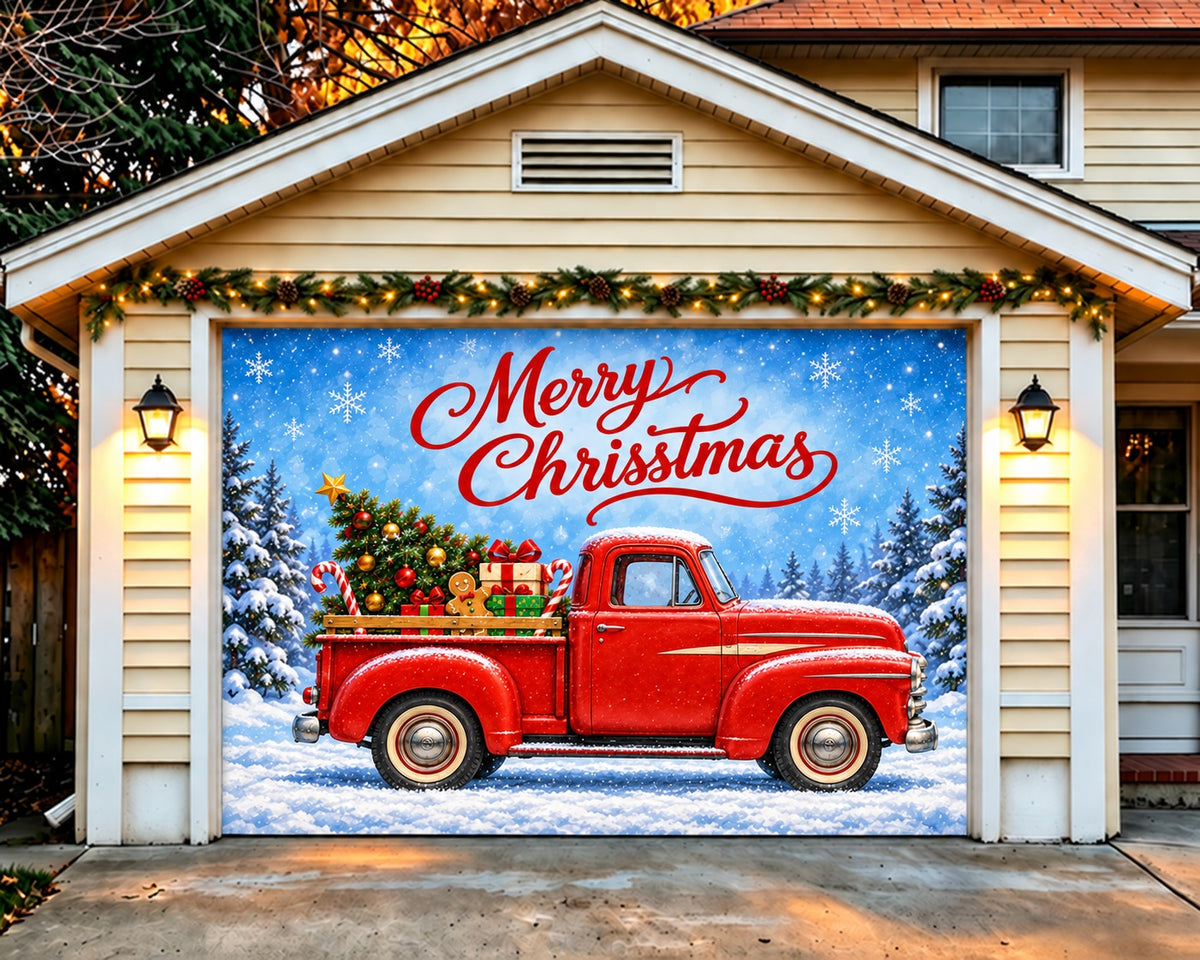 Red Truck Christmas Garage Door Cover Vintage Gingerbread Gifts Christmas Holiday Garage Door Cover HQ610-73-1 Car