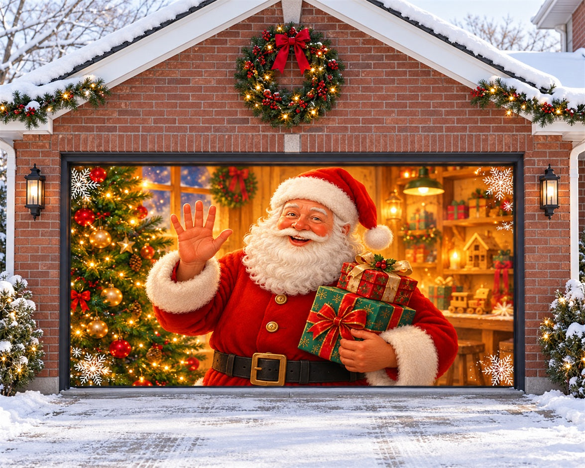 Santa Christmas Garage Door Cover Waving Gifts Workshop Christmas Garage Door Decor HQ610-74-2 Car