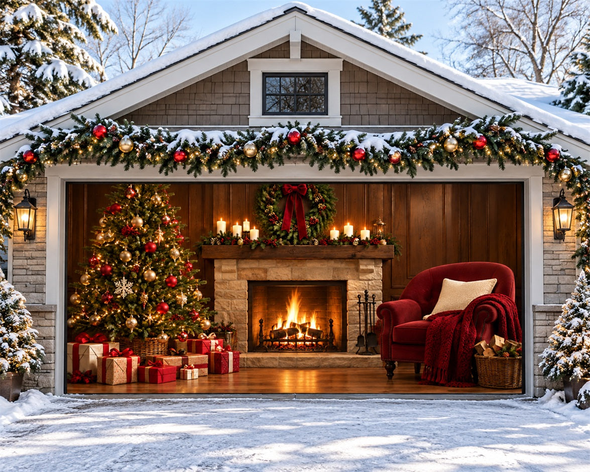 Fireplace Christmas Garage Door Cover Red Armchair Tree Christmas Garage Door Cover HQ610-76-2 Car