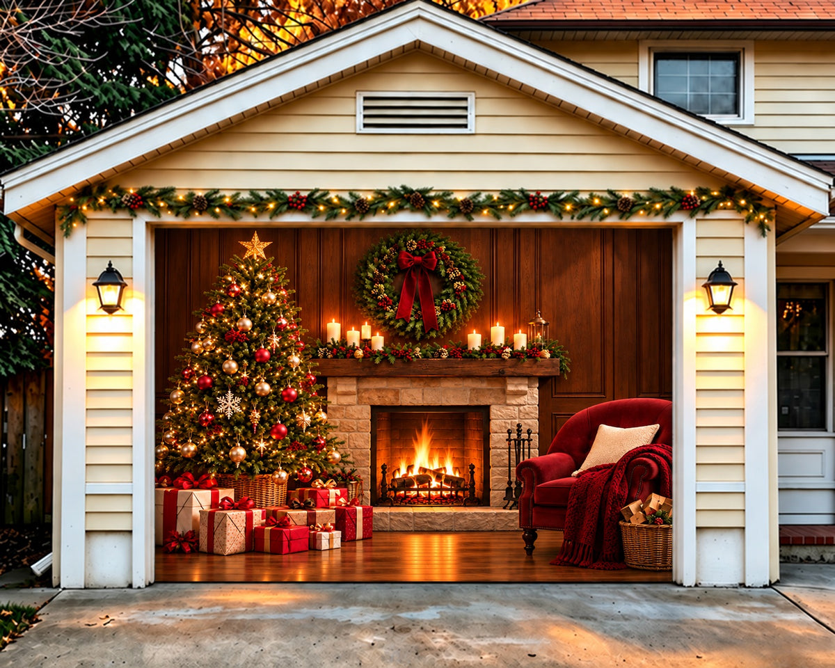 Fireplace Christmas Garage Door Cover Red Armchair Tree Christmas Garage Door Cover HQ610-76-1 Car