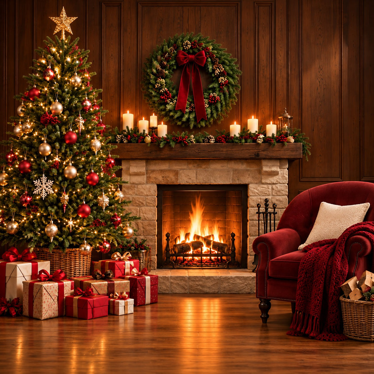 Fireplace Christmas Garage Door Cover Red Armchair Tree Christmas Garage Door Cover HQ610-76-1 Car