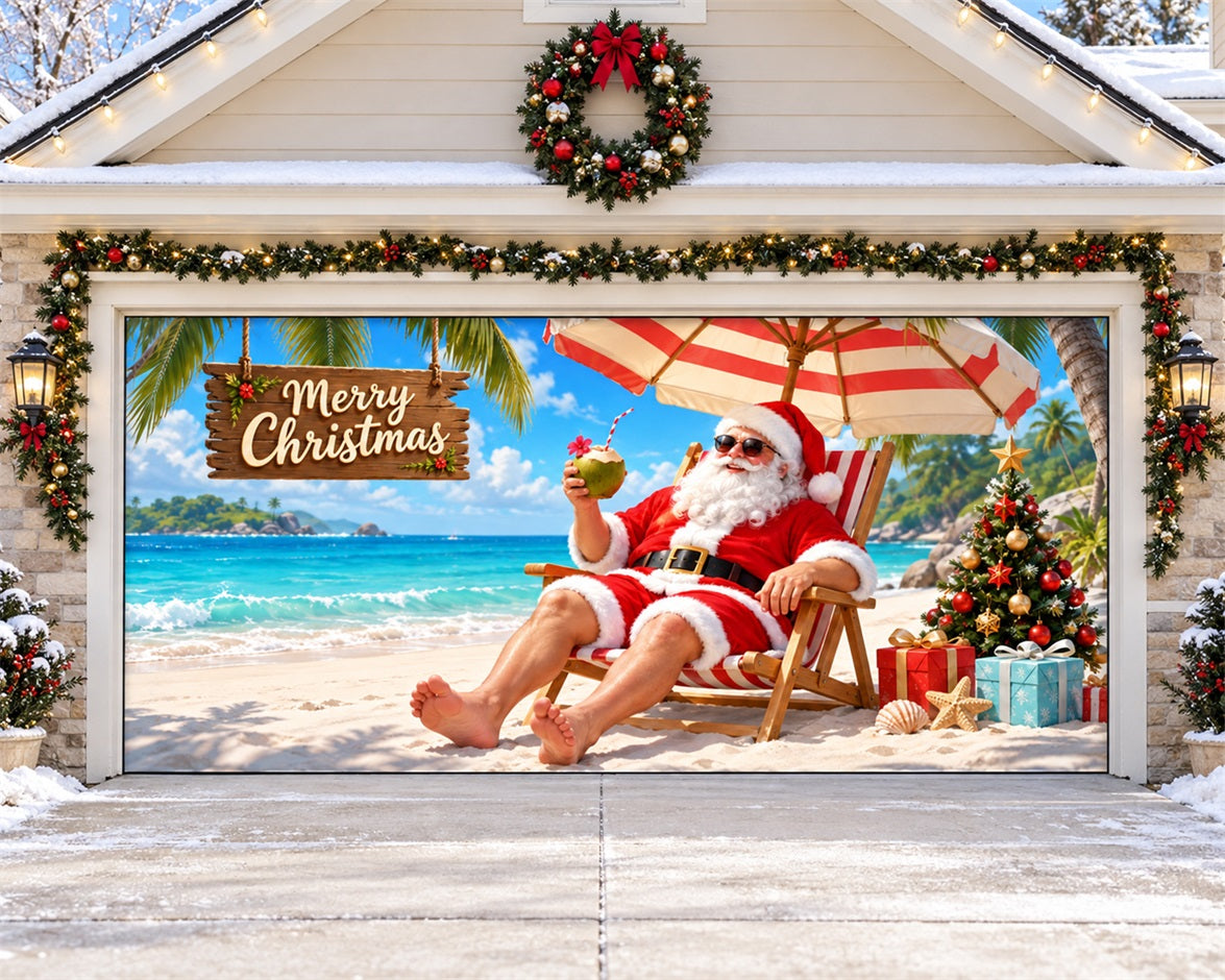 Santa Claus Christmas Garage Door Cover Tropical Beach Relaxation Christmas Garage Door Banner HQ610-79-2 Car