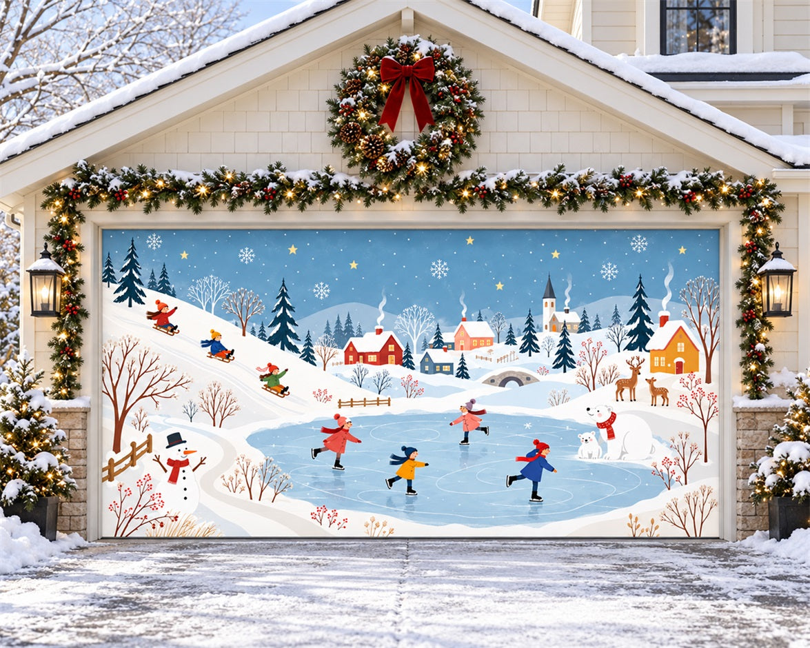 Winter Christmas Garage Door Cover Snowy Village Skating Christmas Outdoor Garage Door Decor HQ610-83-2 Car