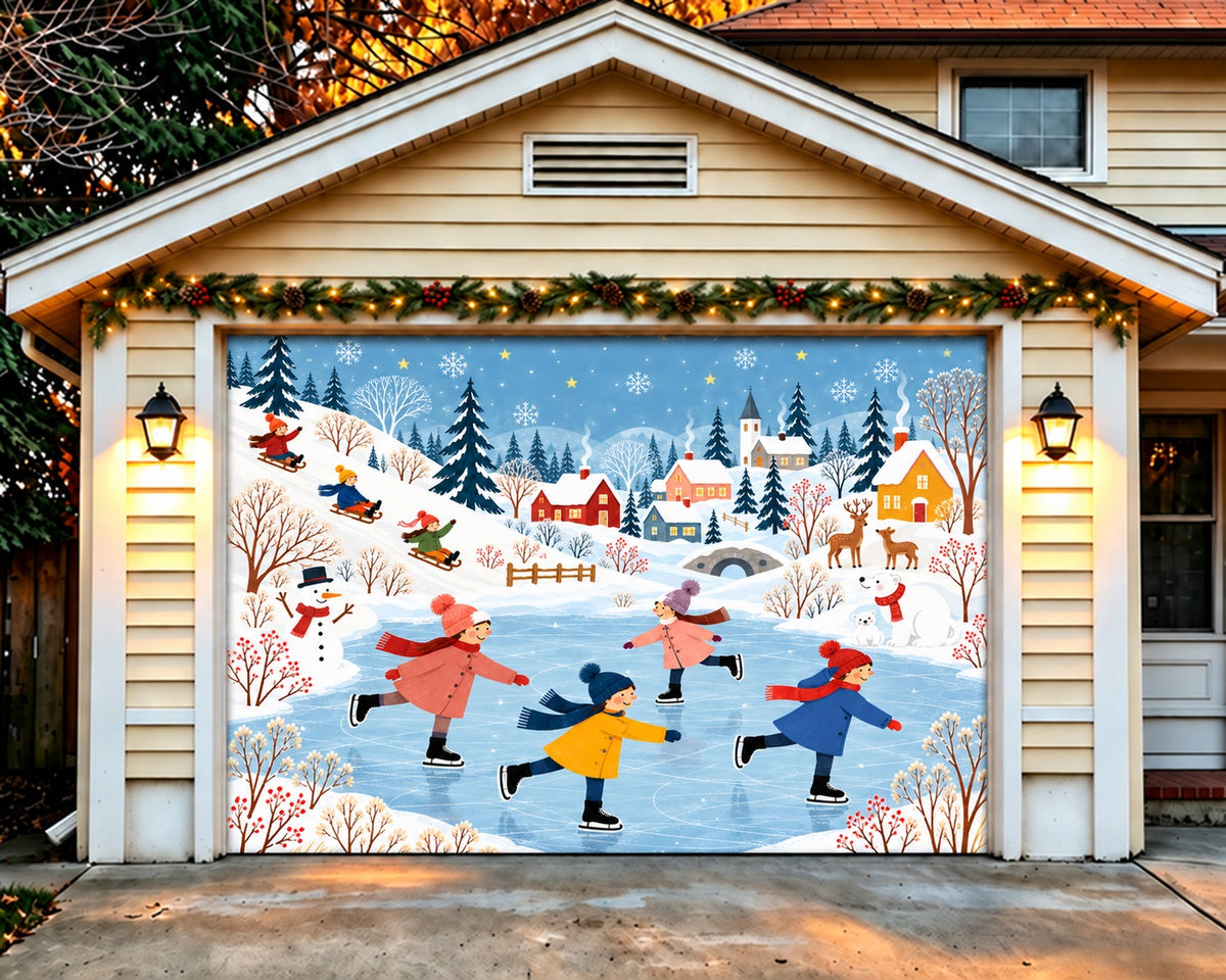 Winter Christmas Garage Door Cover Snowy Village Skating Christmas Outdoor Garage Door Decor HQ610-83-1 Car