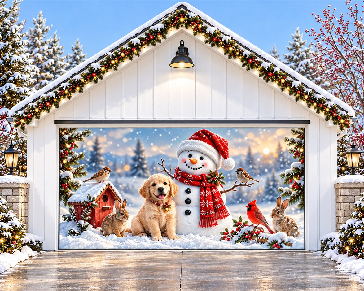 Snow Scene Christmas Garage Door Cover Snowman Puppy Friends Christmas Garage Door Cover HQ610-85-2 Car