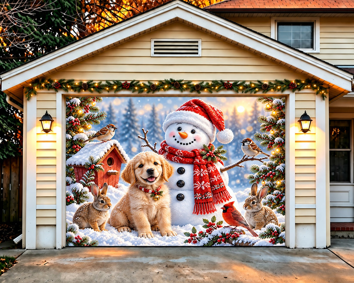 Snow Scene Christmas Garage Door Cover Snowman Puppy Friends Christmas Garage Door Cover HQ610-85-1 Car