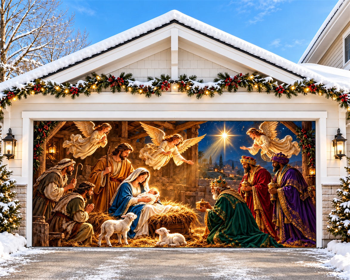 Nativity Christmas Garage Door Cover Starry Angelic Adoration Christmas Garage Door Decoration HQ610-89-2 Car
