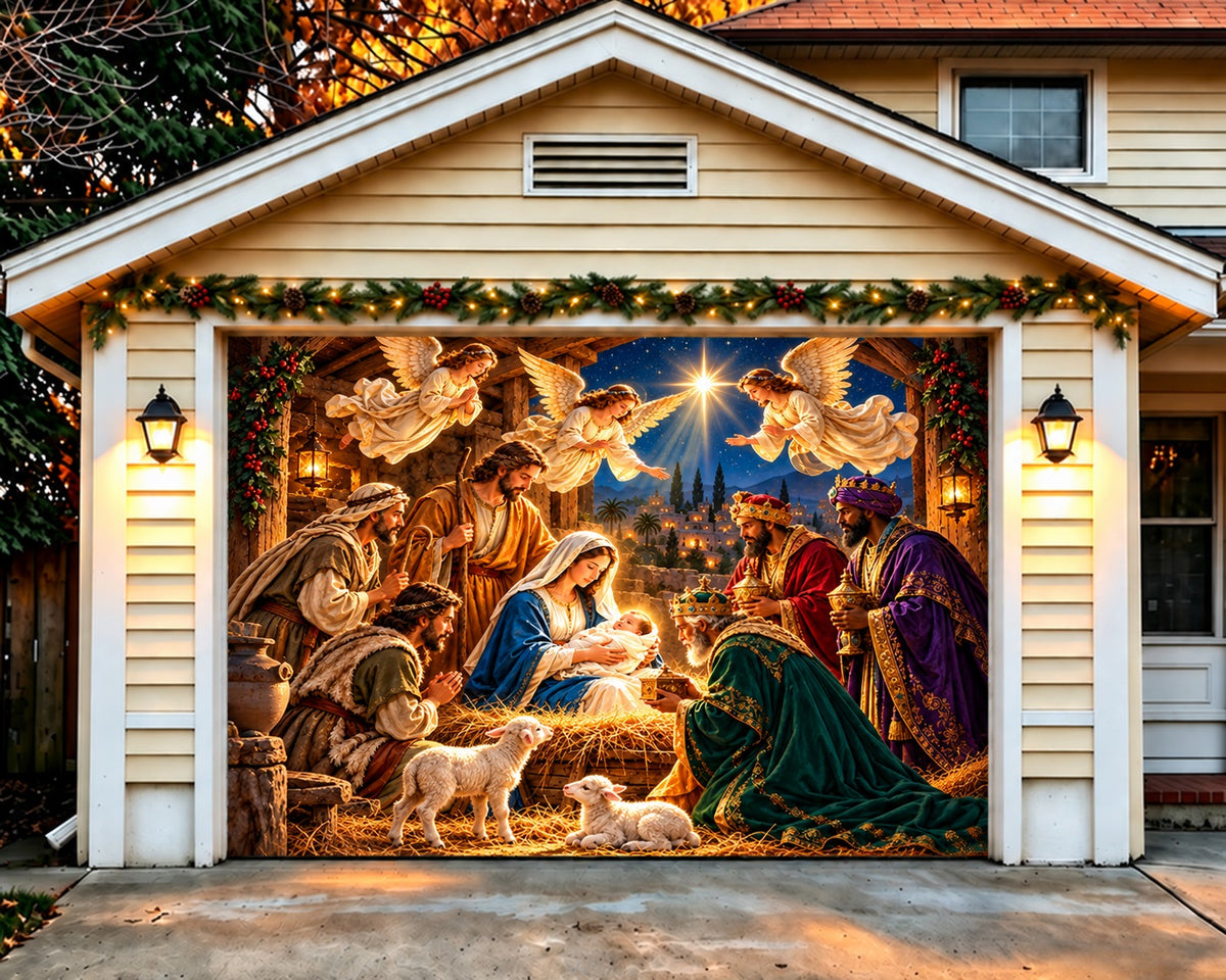 Nativity Christmas Garage Door Cover Starry Angelic Adoration Christmas Garage Door Decoration HQ610-89-1 Car