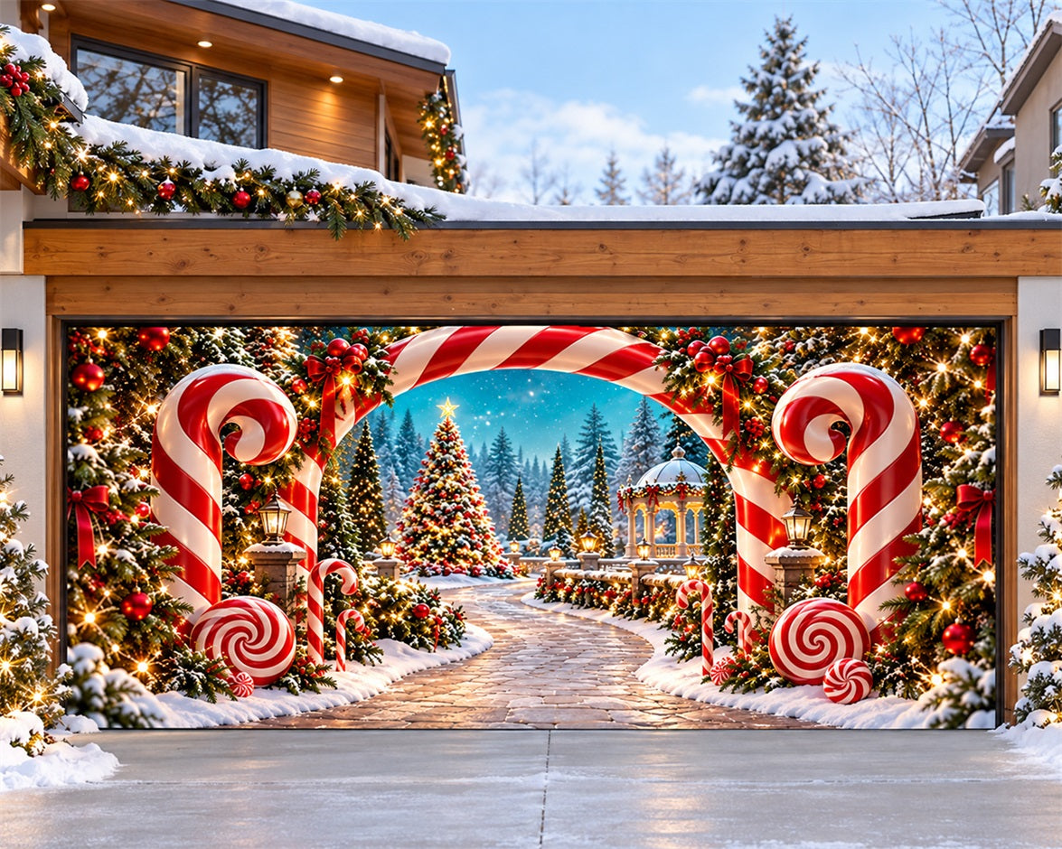 Candy Cane Christmas Garage Door Cover Snow Forest Archway Christmas Outdoor Garage Door Decor HQ610-92-2 Car