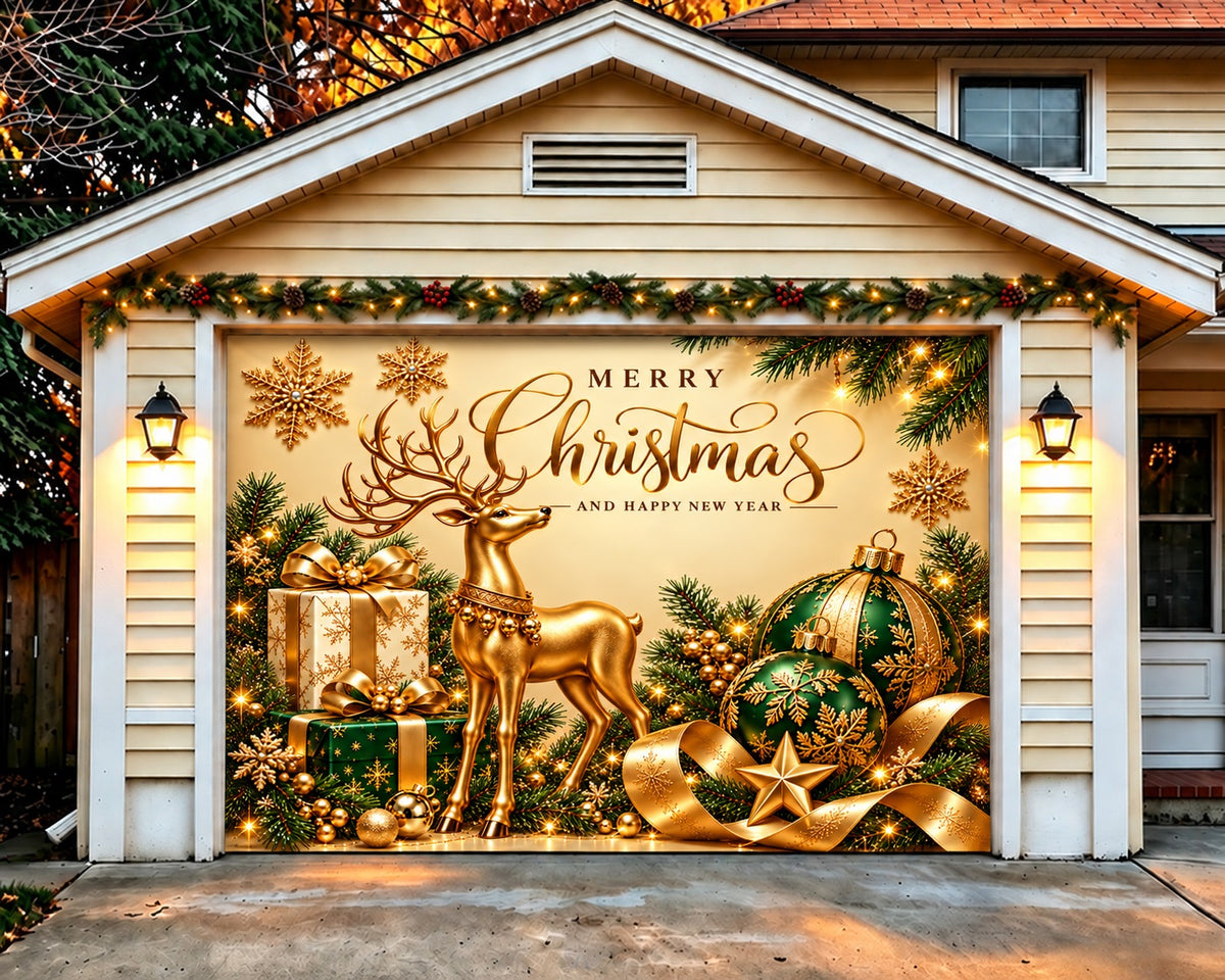 Merry Christmas Garage Door Cover Golden Reindeer Elegance Outdoor Christmas Garage Door Cover HQ610-99-1 Car