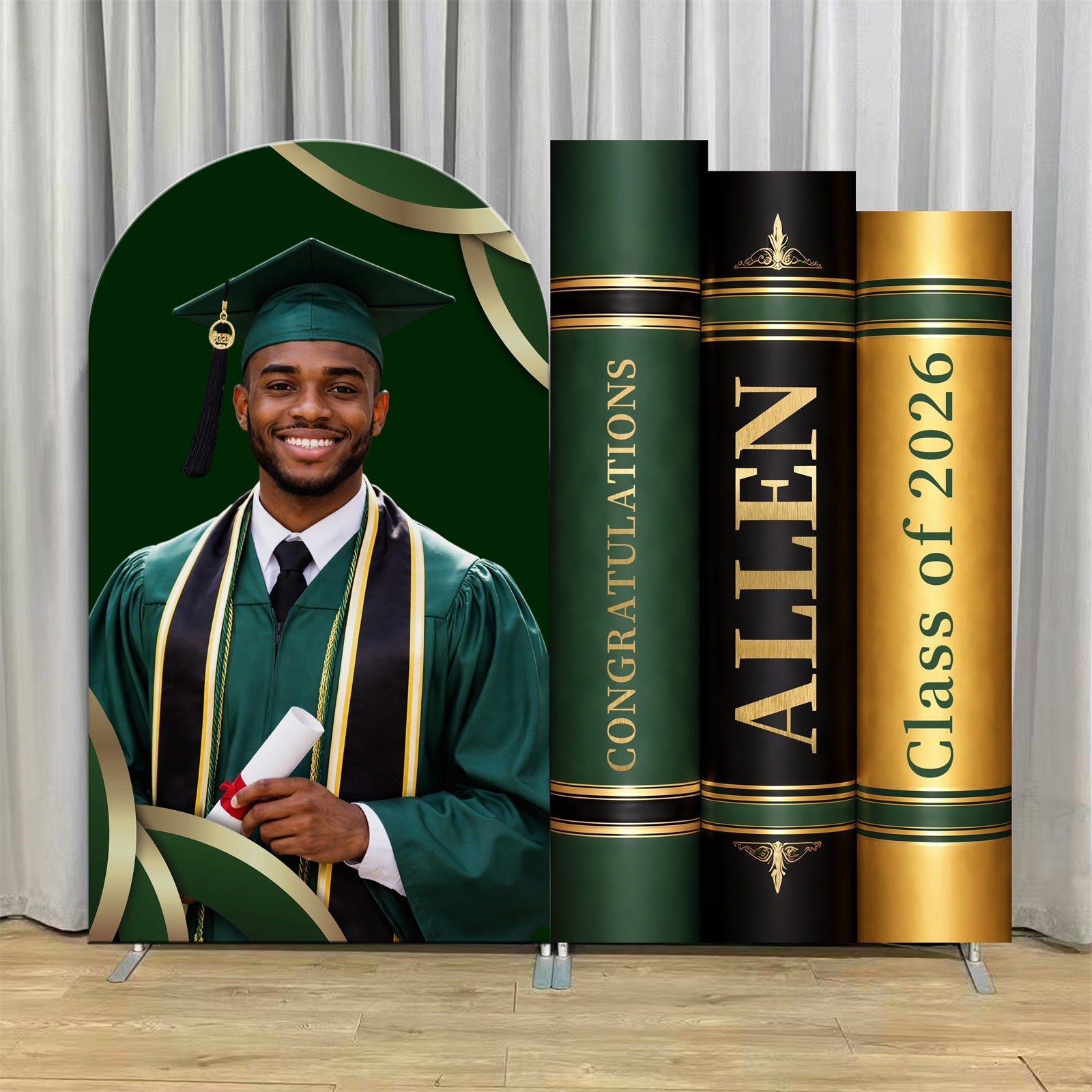 Graduation Backdrop Set Green Gold Book Arch Grad Custom Graduation Backdrop LX64-32