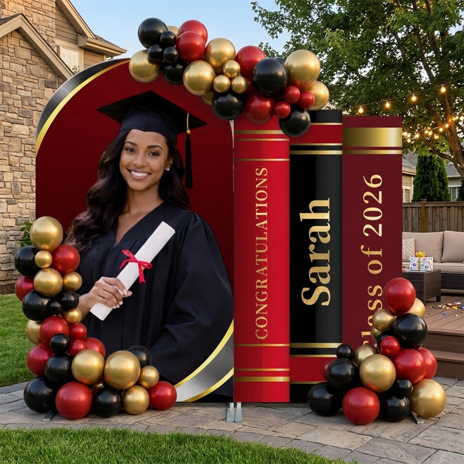 Graduation Party Backdrop Red Black Book Arch Grad Personalized Graduation Backdrop LX64-33