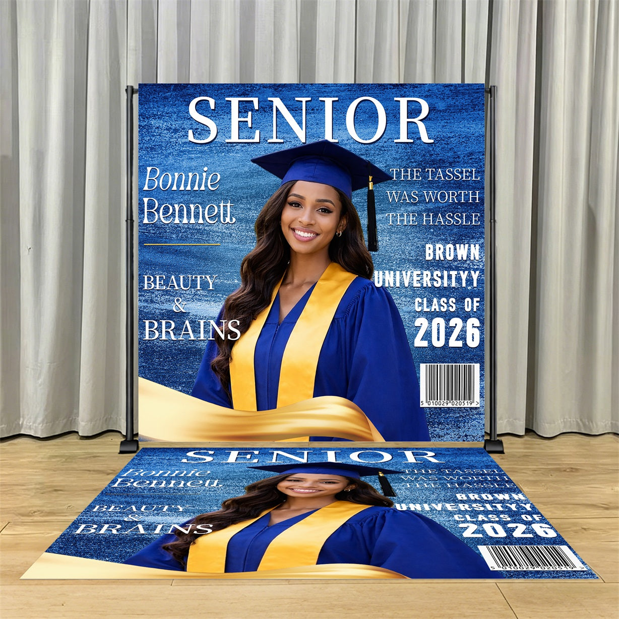 Graduation Party Backdrop + Floor Decal Blue Gold Magazine Grad Graduation Backdrop With Name LX64-34