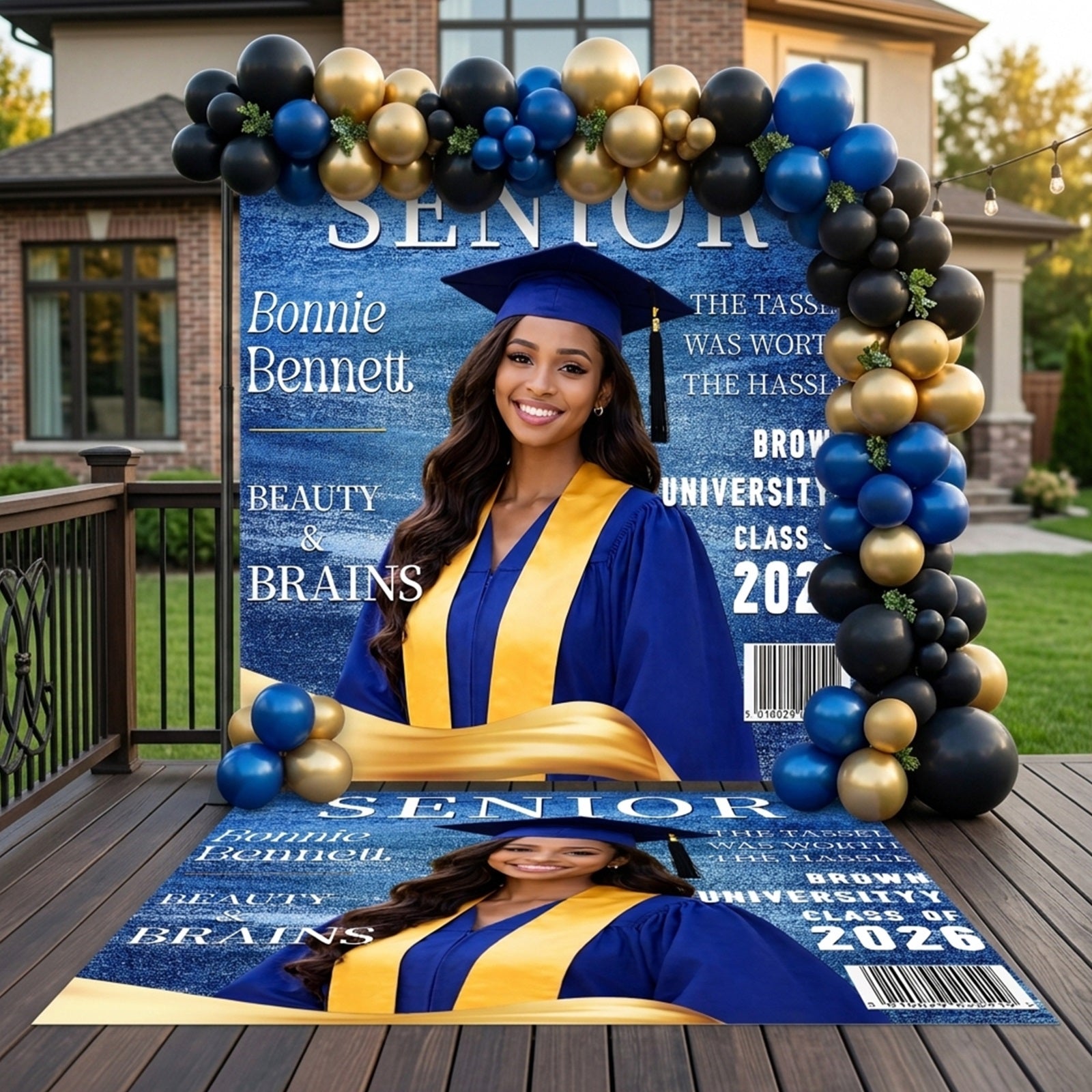 Graduation Party Backdrop + Floor Decal Blue Gold Magazine Grad Graduation Backdrop With Name LX64-34