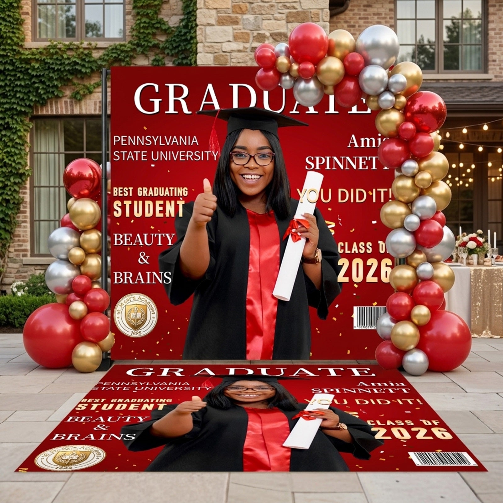 Graduation Backdrop + Floor Decal Red Gold Confetti Grad Graduation Backdrop With Picture LX64-35