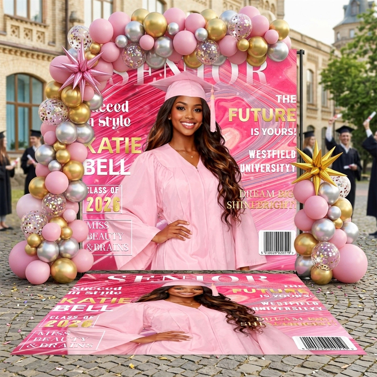 Graduation Backdrop + Floor Decal Pink Magazine Cover Grad Senior Graduation Backdrop LX64-36