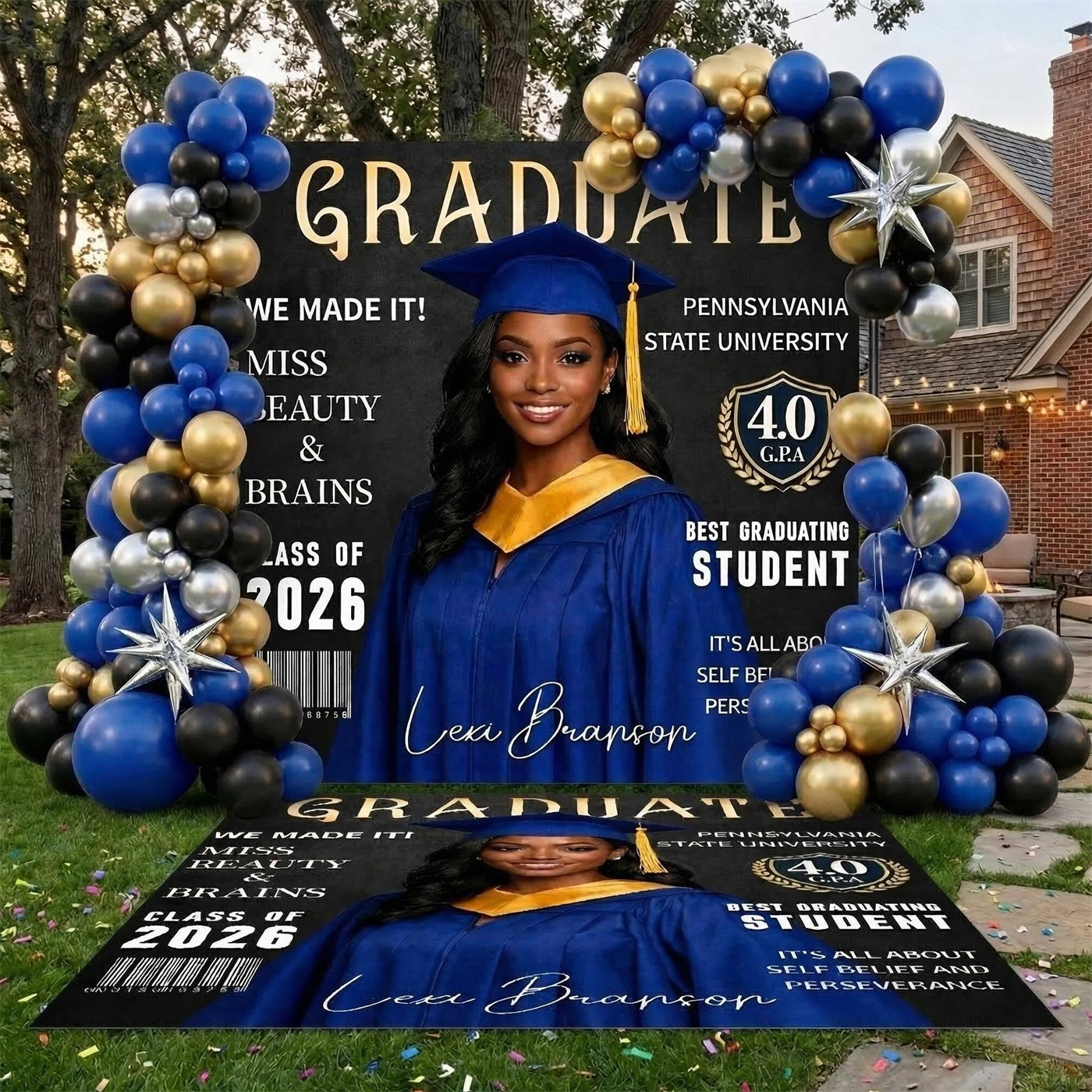 Graduation Backdrop + Floor Decal Black Gold Magazine Grad Graduation Photo Booth Backdrop LX64-37