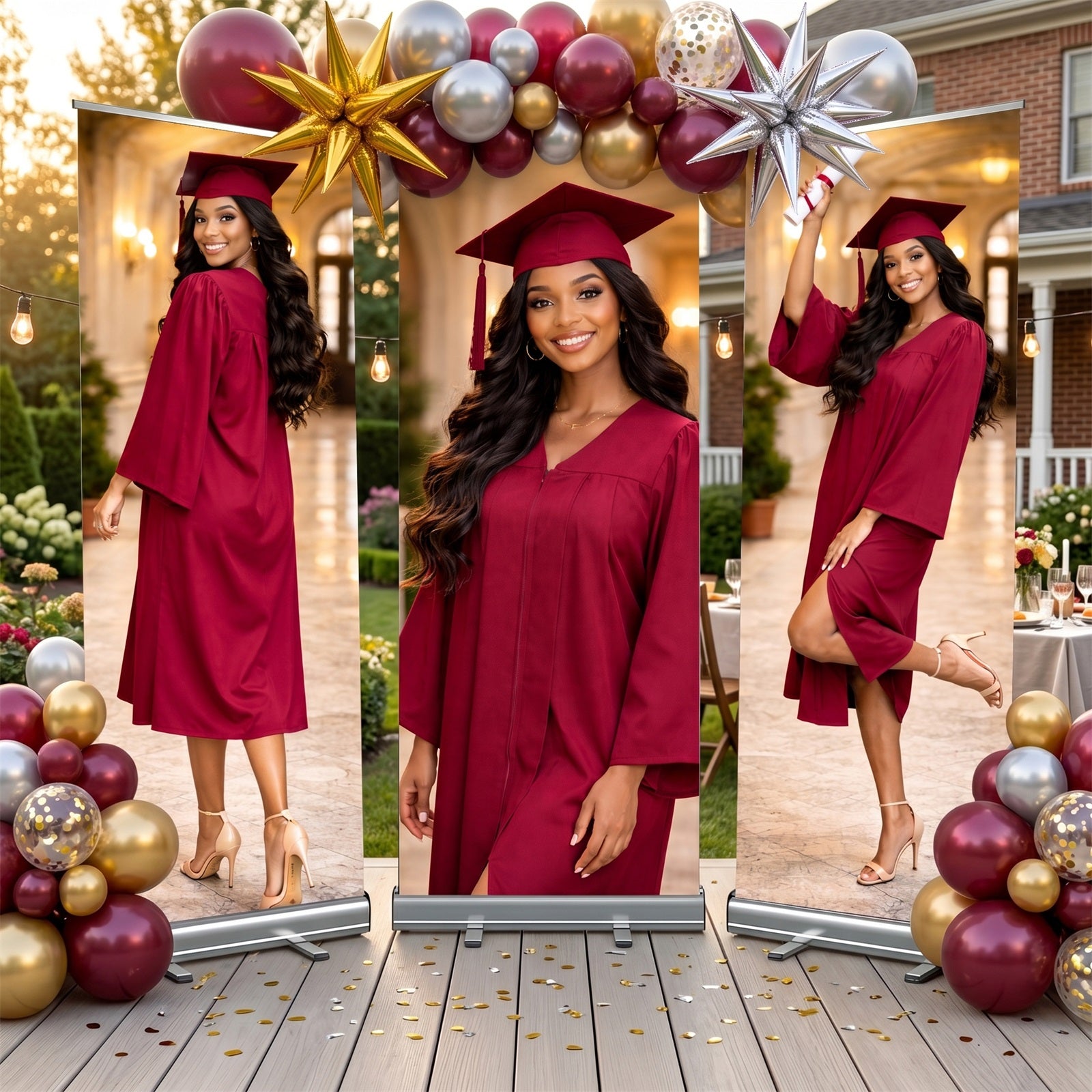 Grad Retractable Banner Set Maroon Indoor Photo Banner Graduation Backdrop LX64-39