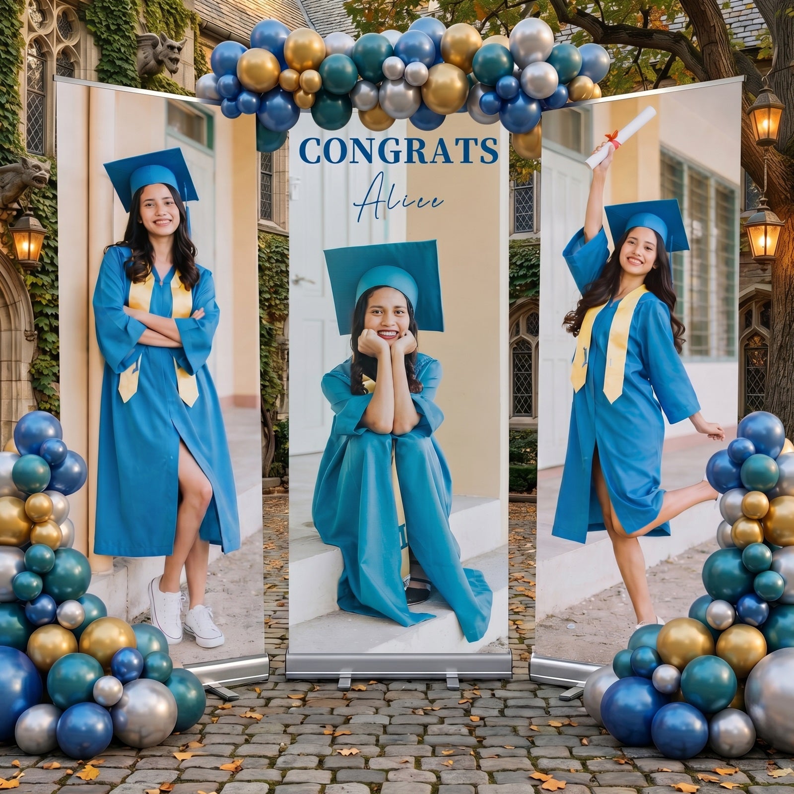 Graduation Retractable Backdrop Set Blue Grad Photo Banner Class of 2026 Graduation Backdrop LX64-40