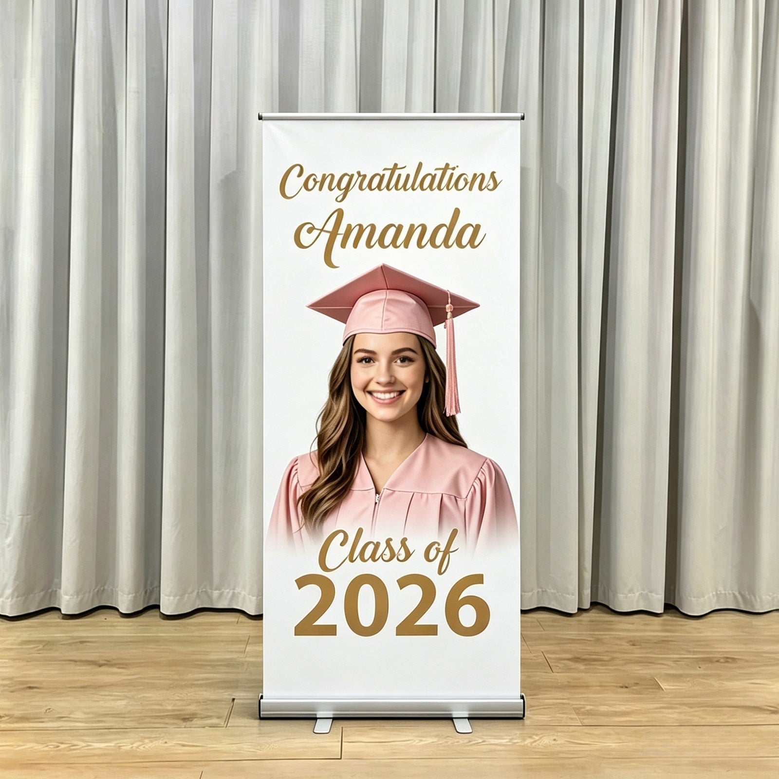 Custom Retractable Backdrop White Pink Amanda Grad Luxury Graduation Backdrop LX64-42