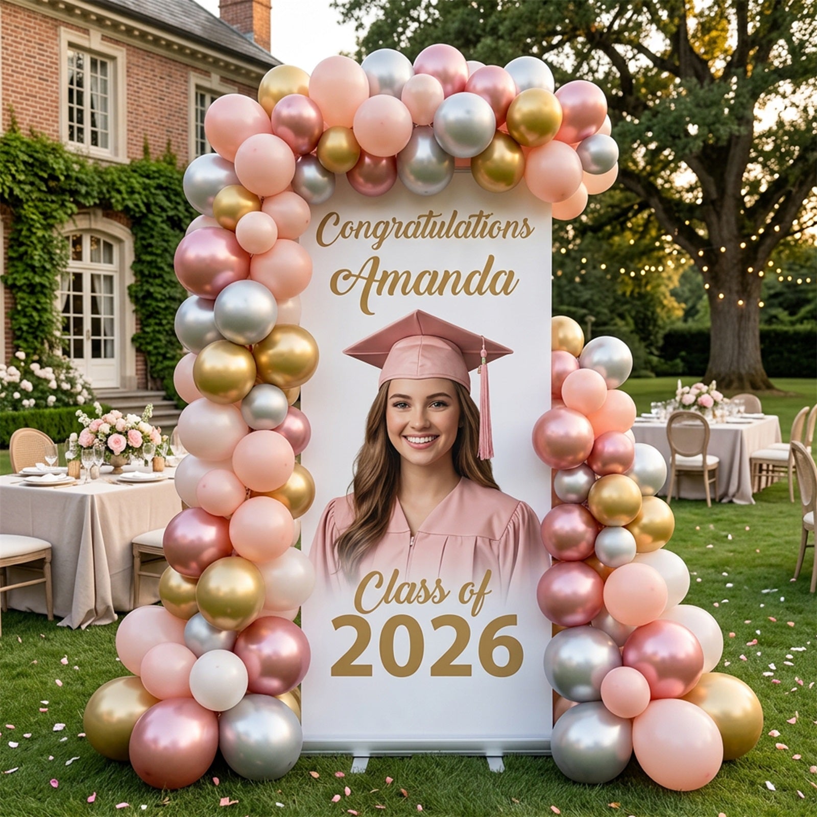 Custom Retractable Backdrop White Pink Amanda Grad Luxury Graduation Backdrop LX64-42