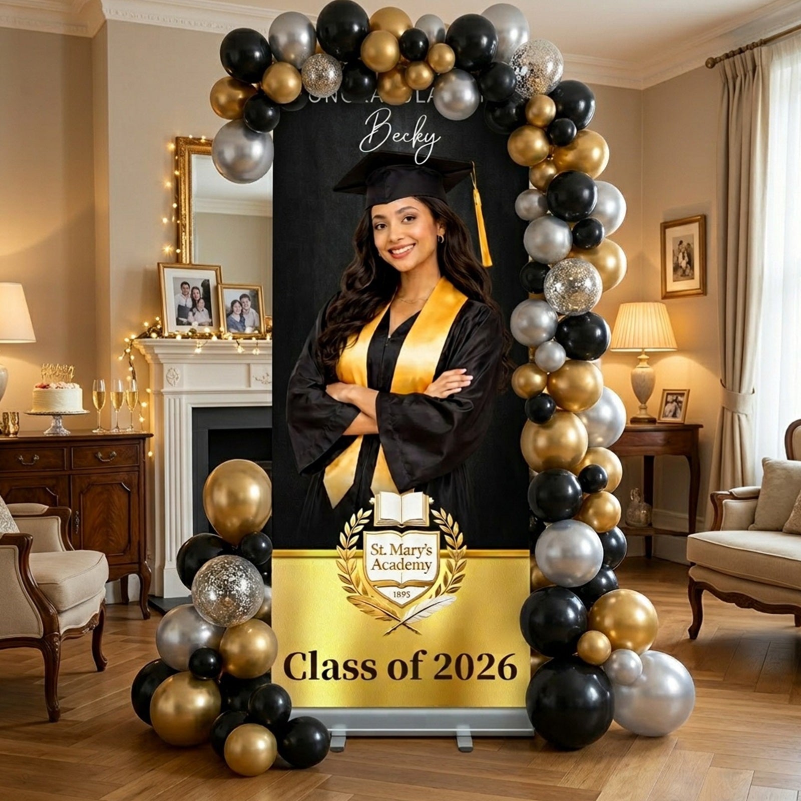 Graduation Retractable Backdrop Black Gold Becky Grad Graduation Backdrop For Stage LX64-44