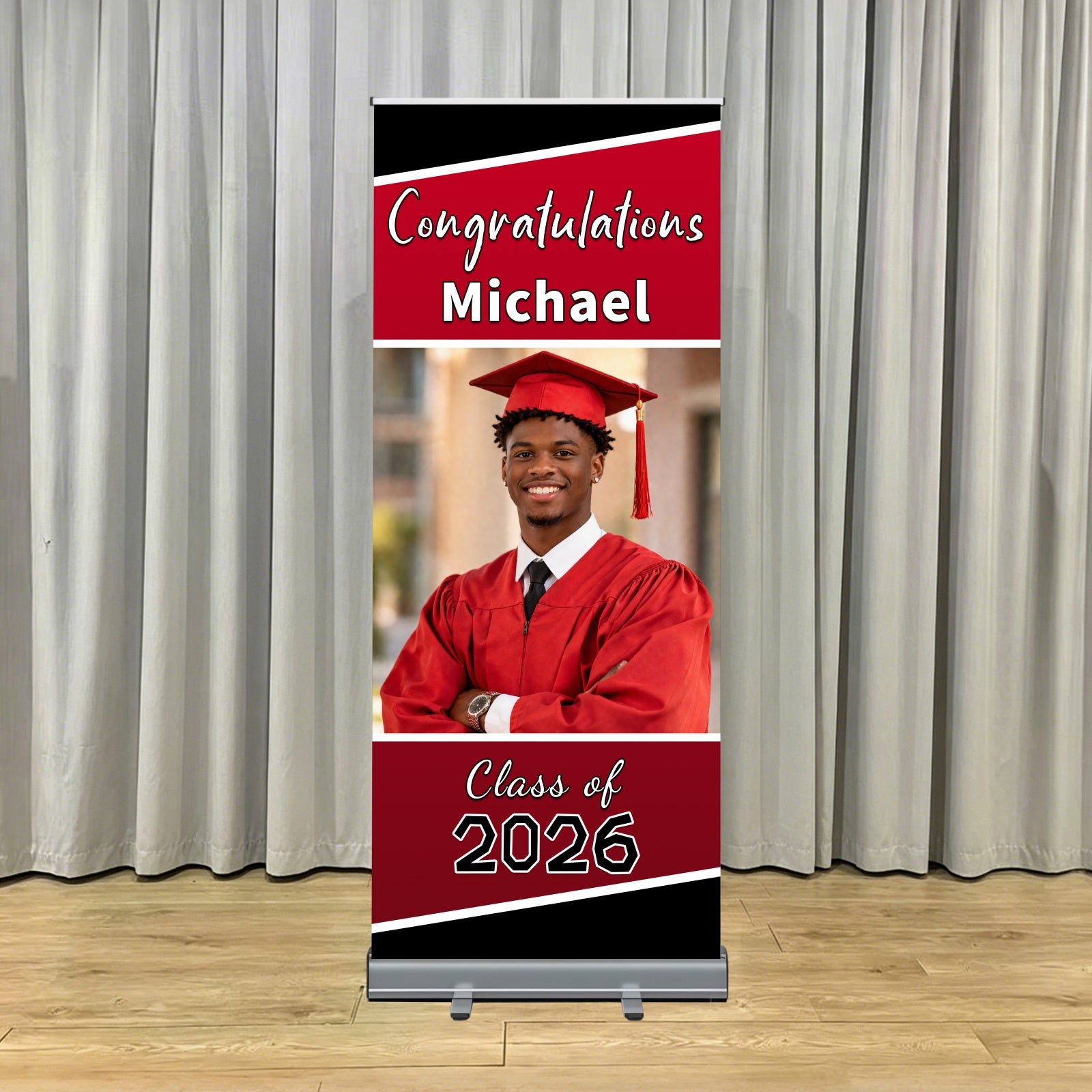 Graduation Retractable Banner Red Black Custom Name Grad  Graduation Backdrop Banner LX64-45