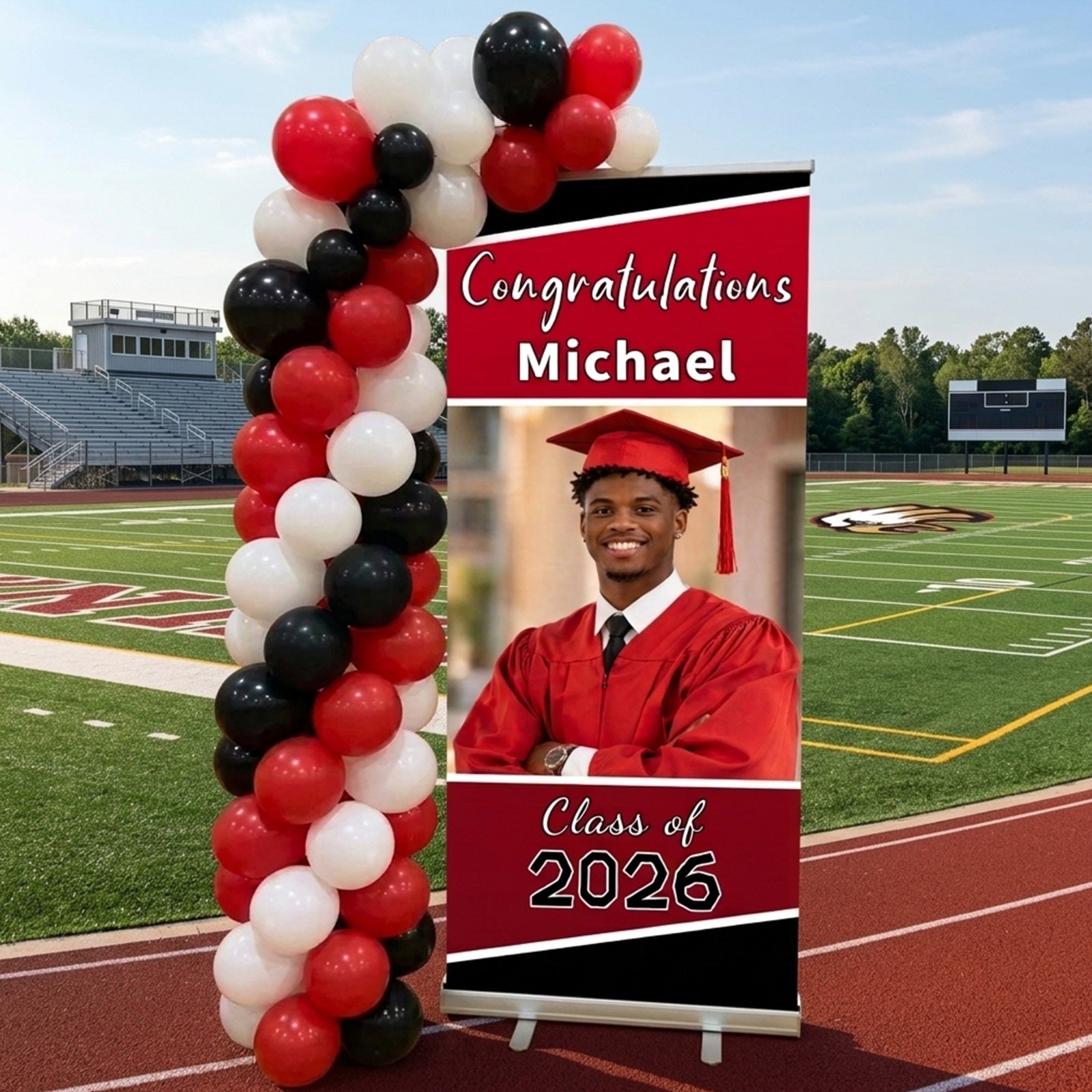 Graduation Retractable Banner Red Black Custom Name Grad  Graduation Backdrop Banner LX64-45