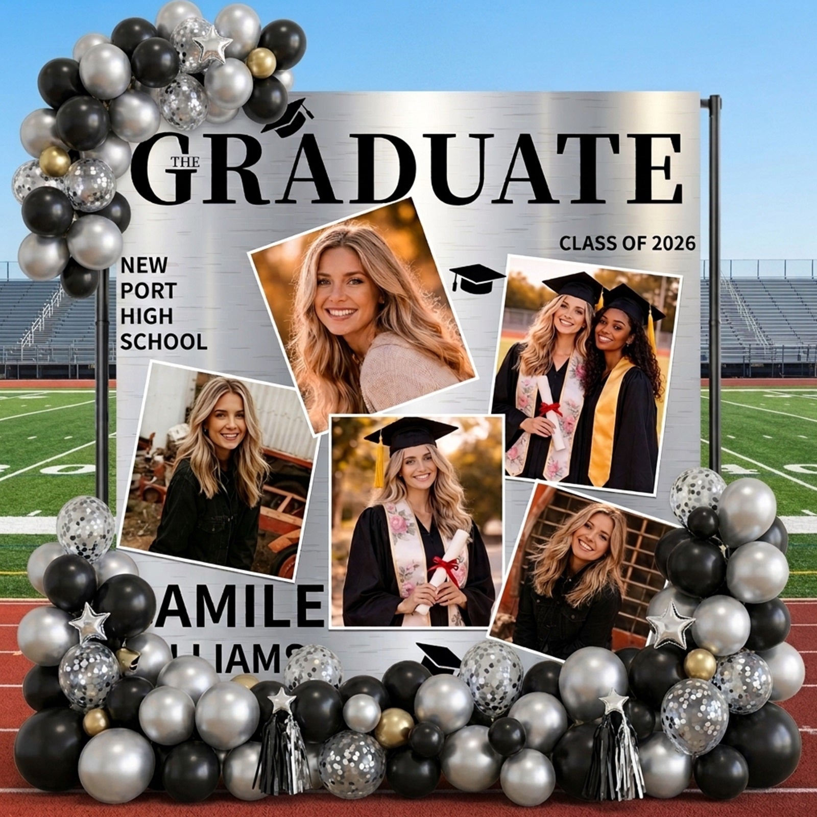 Custom Graduation Backdrop Silver Grad Photo Collage Personalized Graduation Backdrop LX64-46