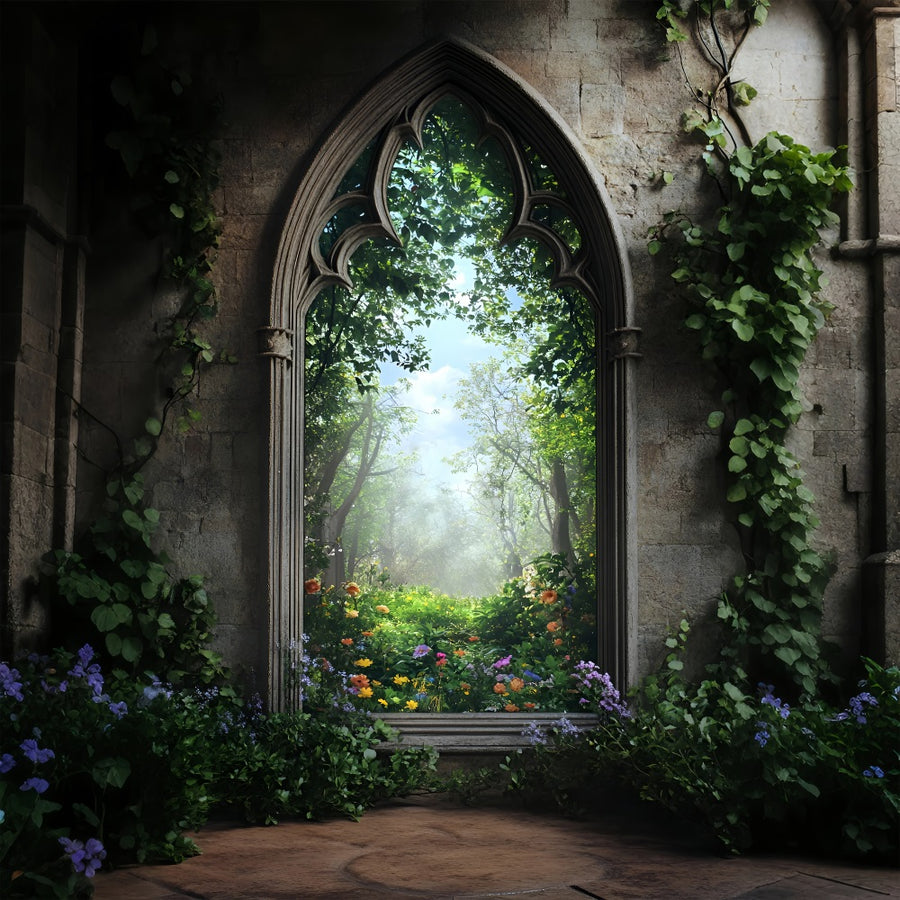 Spring Backdrop Pictures Fairytale Gothic Window Forest Backdrop LXX1-