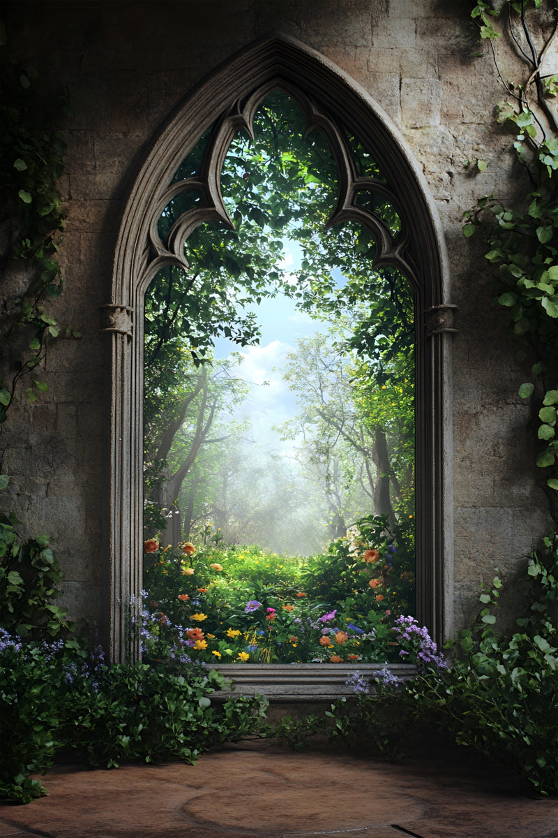 Spring Backdrop Pictures Fairytale Gothic Window Forest Backdrop LXX1-
