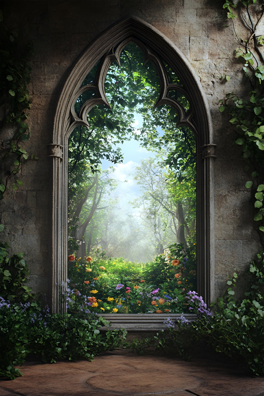 Spring Backdrop Pictures Fairytale Gothic Window Forest Backdrop LXX1-
