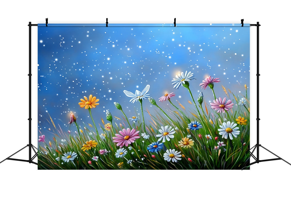 Spring Picture Backdrops Illuminated Wildflowers Starry Skies Backdrop