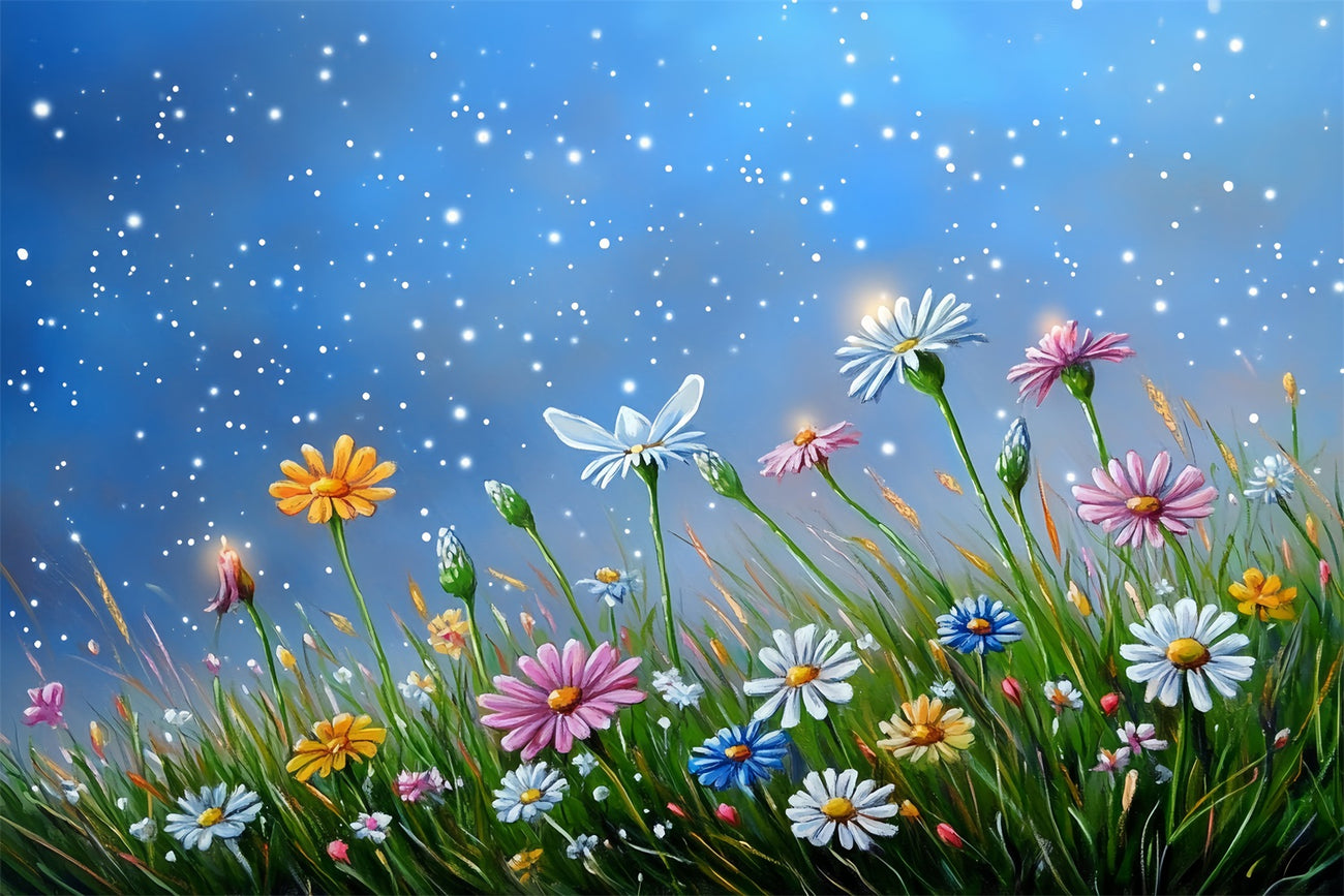 Spring Picture Backdrops Illuminated Wildflowers Starry Skies Backdrop